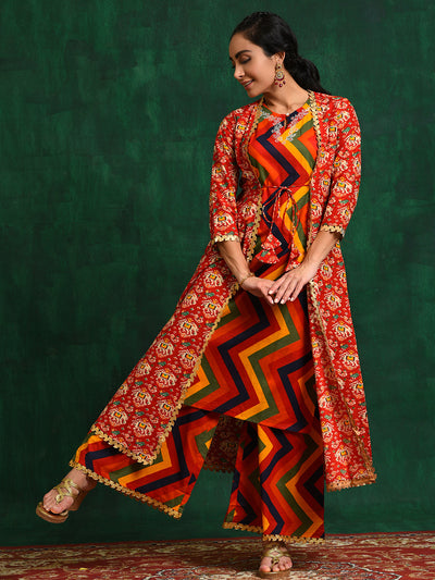 Red Chevrons A-Line Kurta Palazzo With Jacket