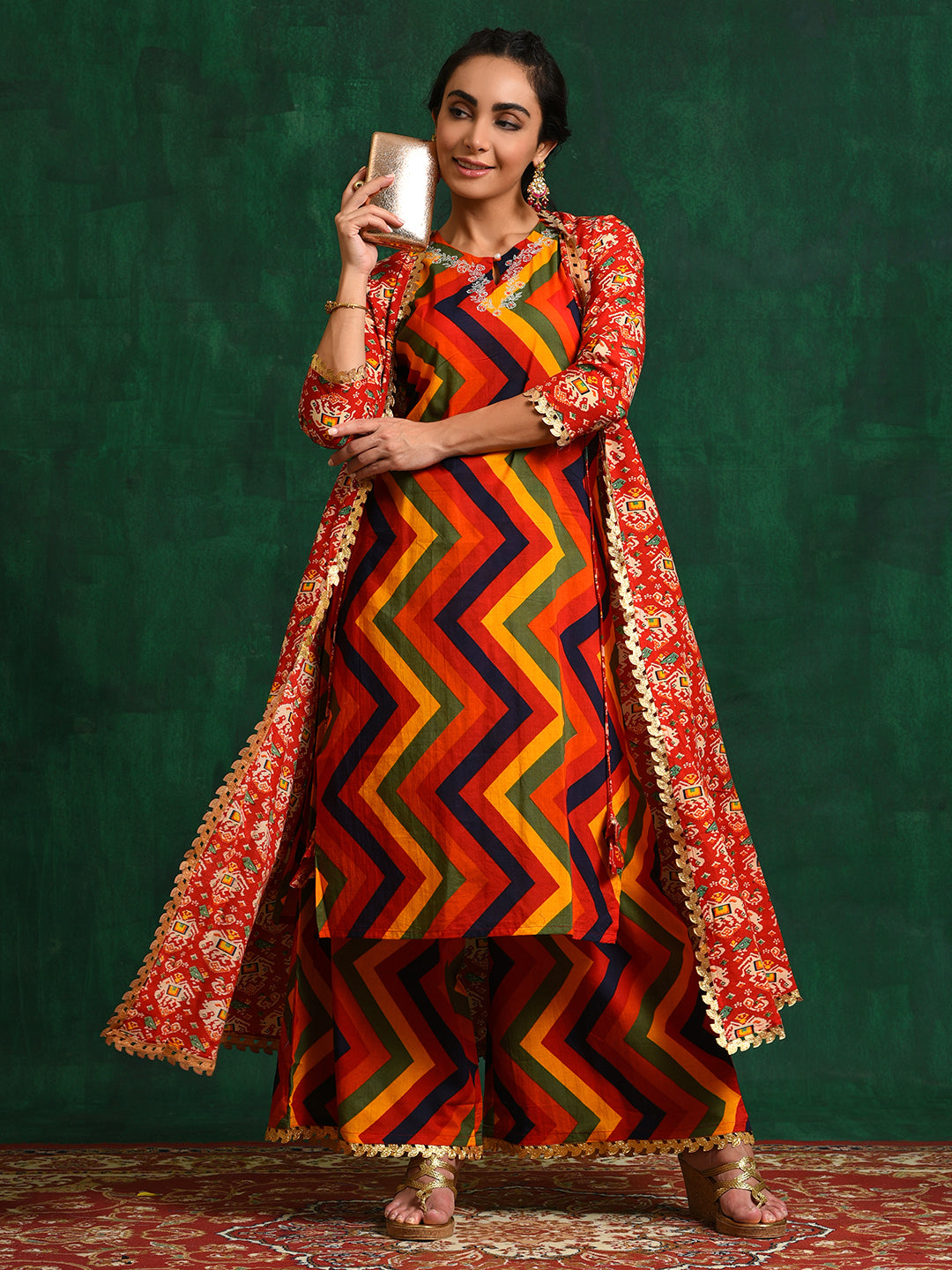 Red Chevrons A-Line Kurta Palazzo With Jacket