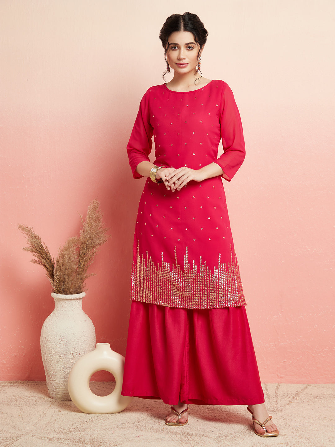 Pink Sequin Kurta With Sharara