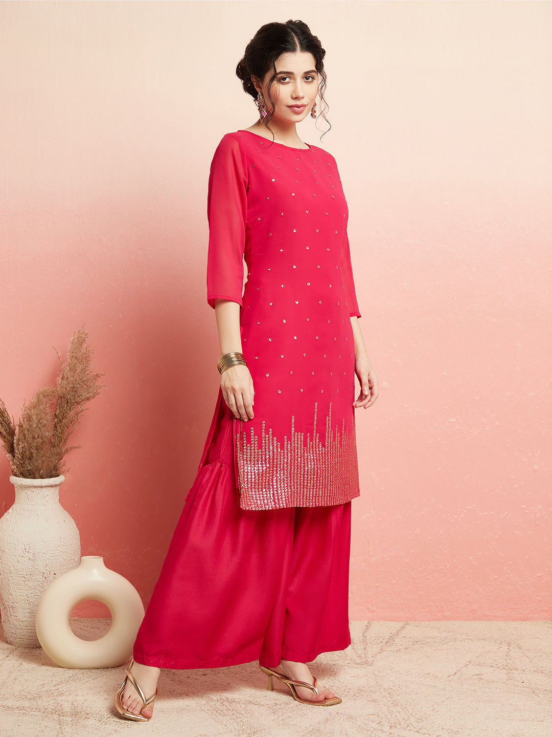 Pink Sequin Kurta With Sharara