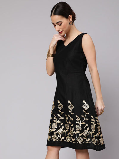 Black Midi Dress with Gota Embroidery