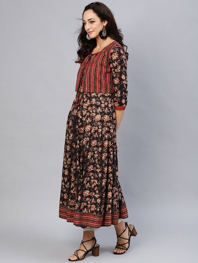 Brown Printed Anarkali Kurta With Jacket