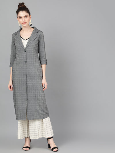 Grey Checked Roll Up Sleeves Long Jacket