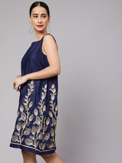 Navy Blue Embroidered Shift Dress