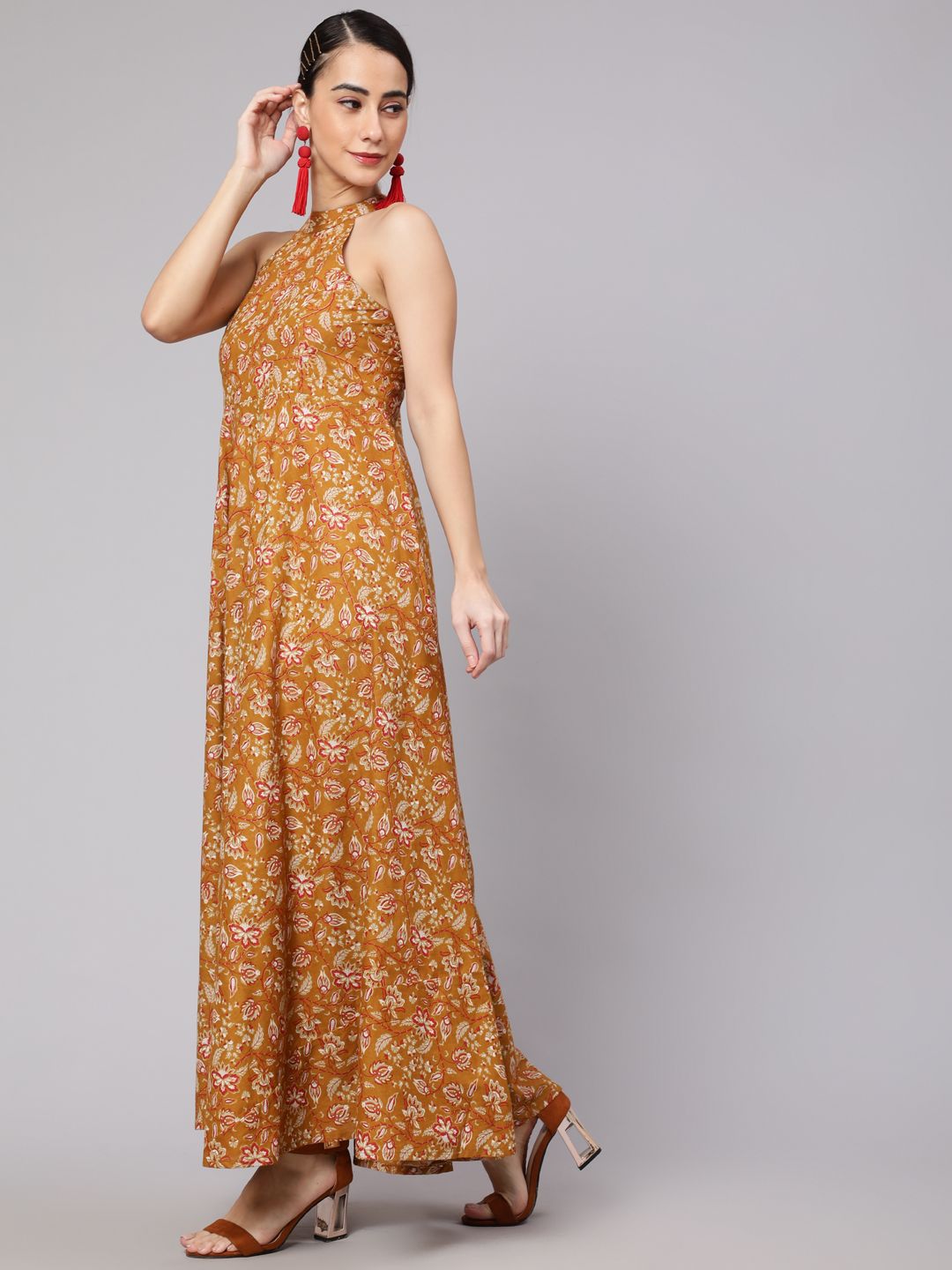 Mustard Floral Print Flared Maxi Dress