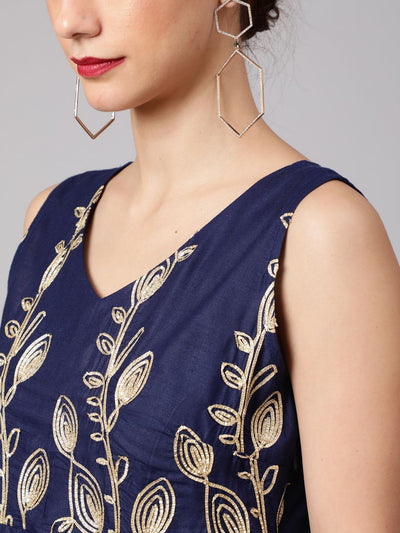 Navy Blue Embroidered Flared Shift Dress