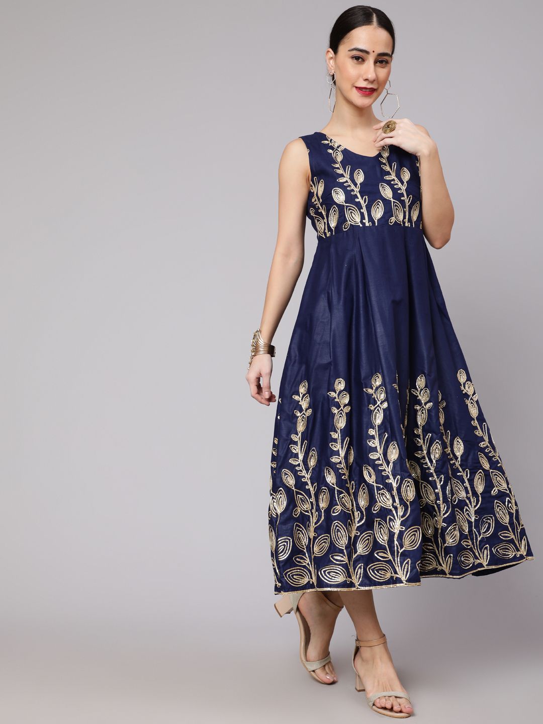 Navy Blue Embroidered Flared Shift Dress