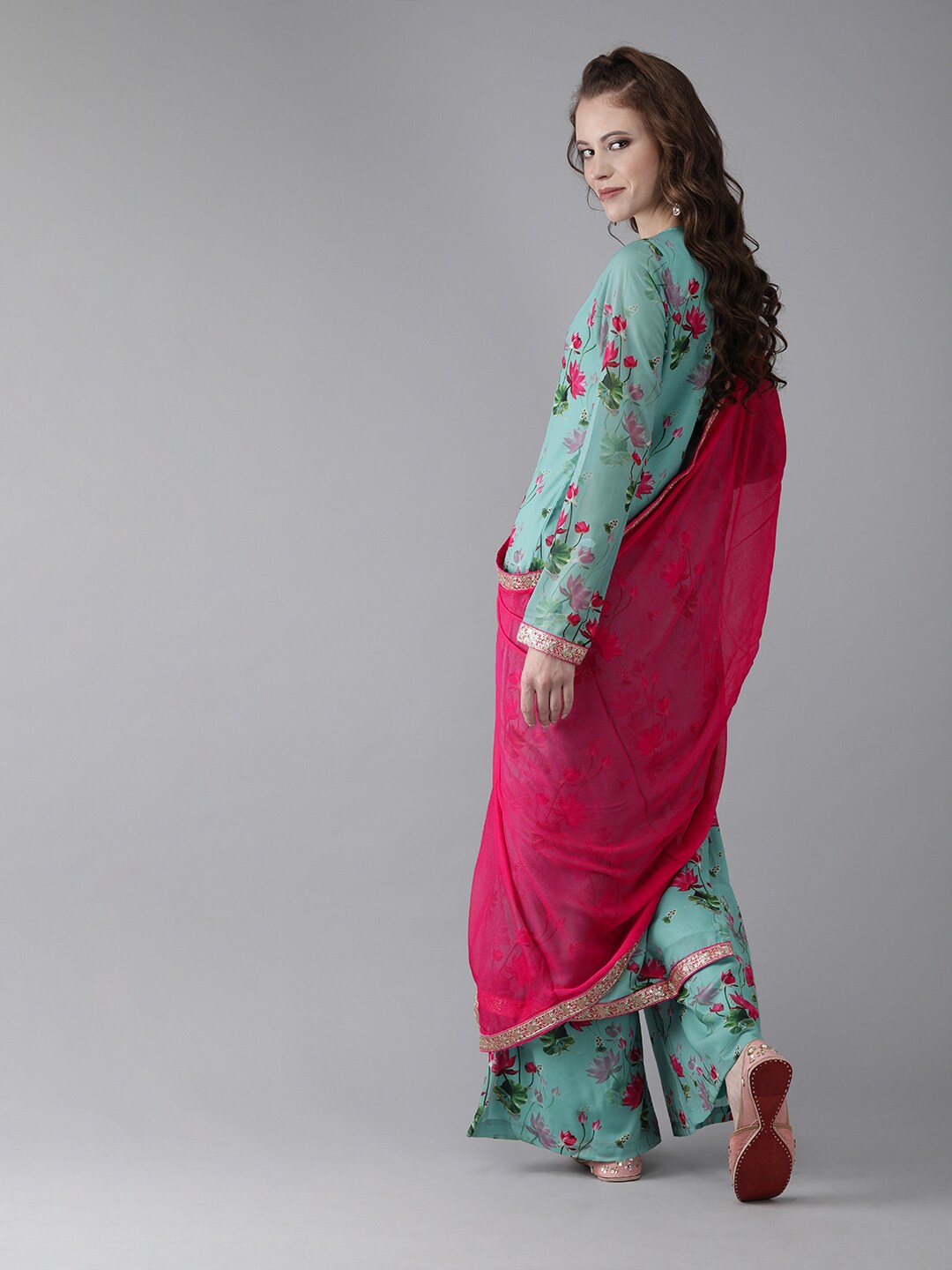 Turquoise Blue Floral Print Kurta Palazzo With Dupatta