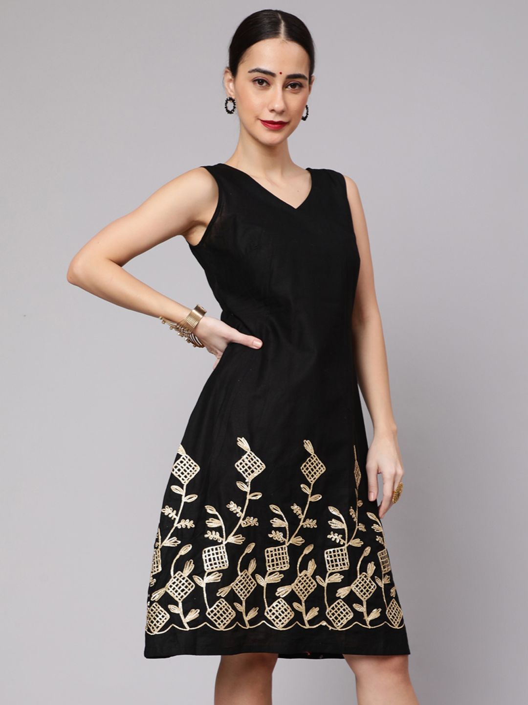 Black Midi Dress with Gota Embroidery