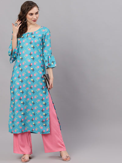 Blue Geometric Print Kurta with Bell Sleeves