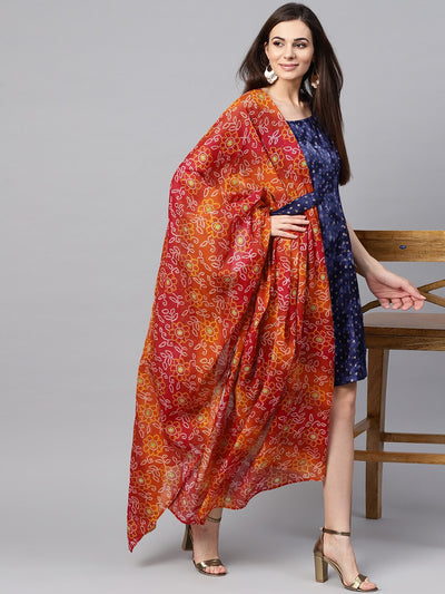 Blue Gold Printed Dress With Dupatta