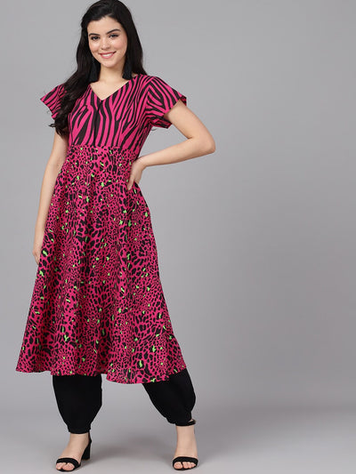 Magenta Printed A-Line Kurta