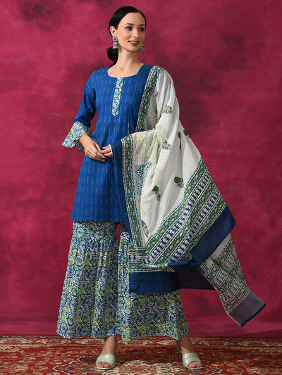 Blue Printed Kurta Sharara With Dupatta