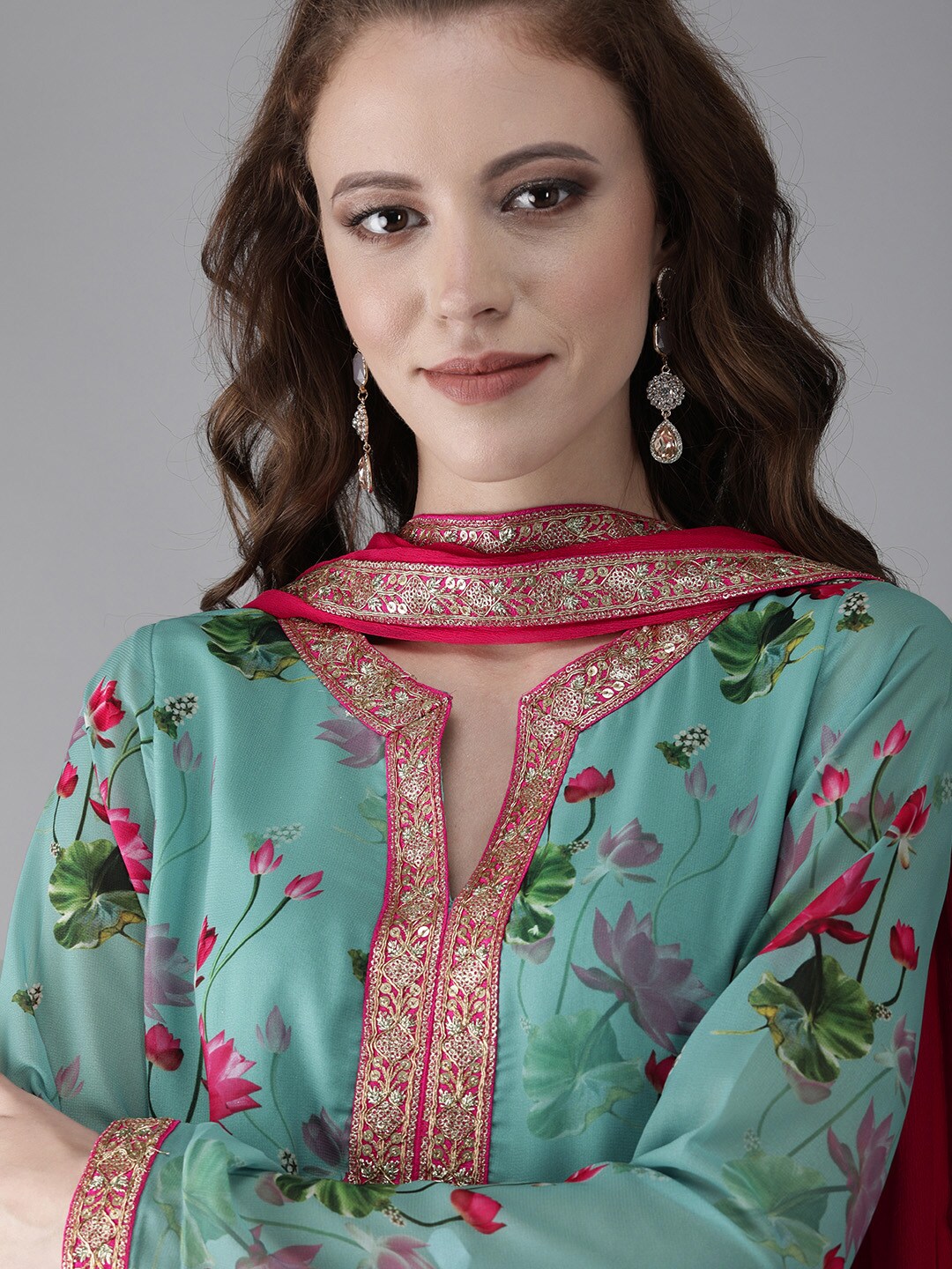 Turquoise Blue Floral Print Kurta Palazzo With Dupatta