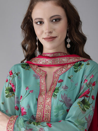 Turquoise Blue Floral Print Kurta Palazzo With Dupatta