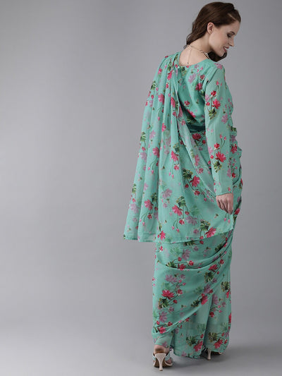 Green Floral Print Saree With Blouse Piece