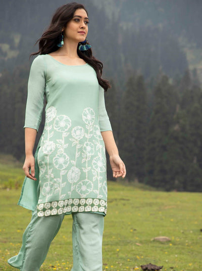 Green Floral Print Kurta With Palazzo