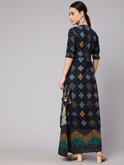 Navy Blue Bandhani Print Layered Maxi Dress