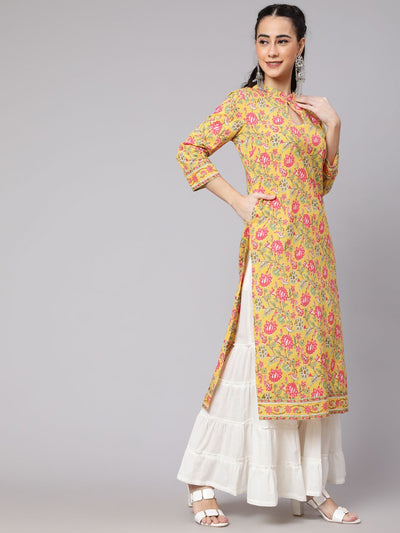 Yellow Floral Print Straight Kurta