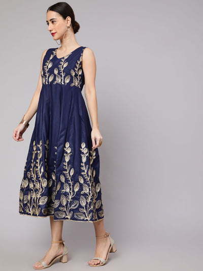 Navy Blue Embroidered Flared Shift Dress