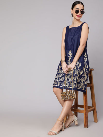 Navy Blue Embroidered Shift Dress