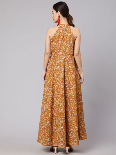 Mustard Floral Print Flared Maxi Dress