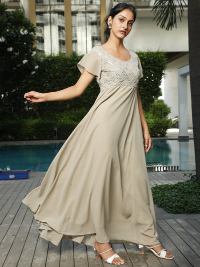 Beige Mirror Work Flared Maxi Dress