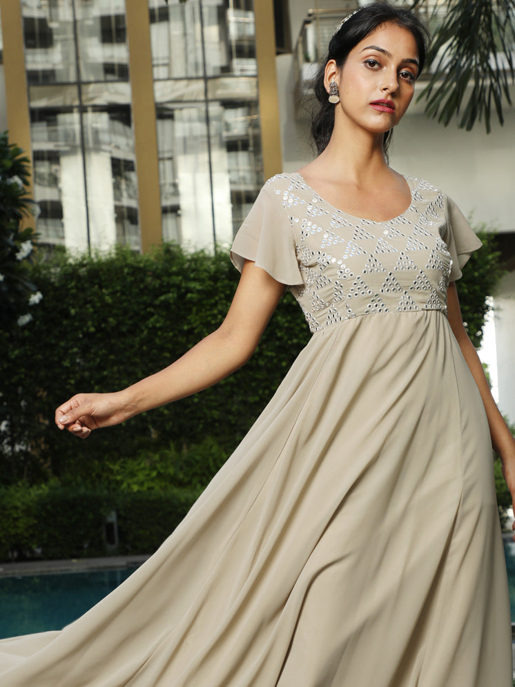 Beige Mirror Work Flared Maxi Dress