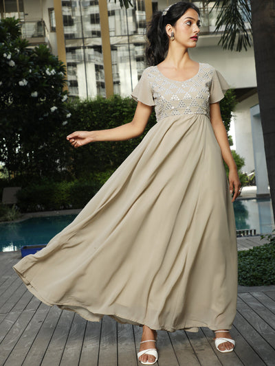 Beige Mirror Work Flared Maxi Dress