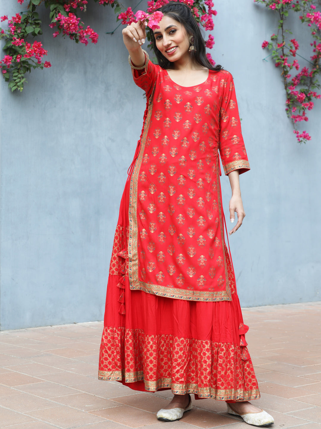 Red Khari Print Double Layered Maxi Dress