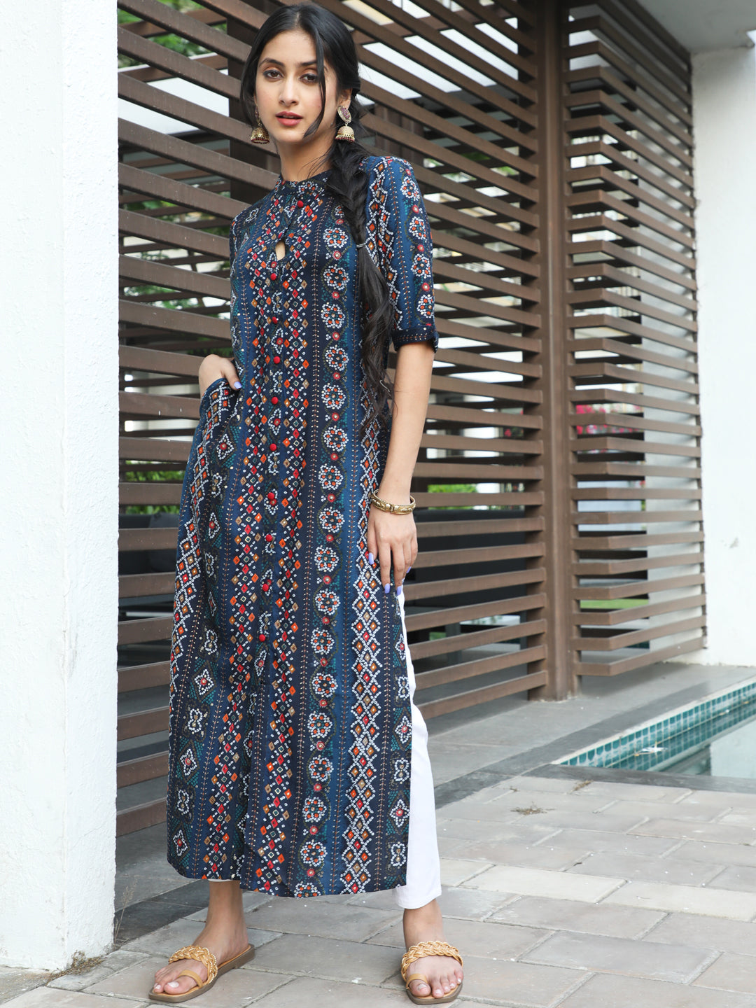 Navy Blue Gold Printed Button Down Kurta