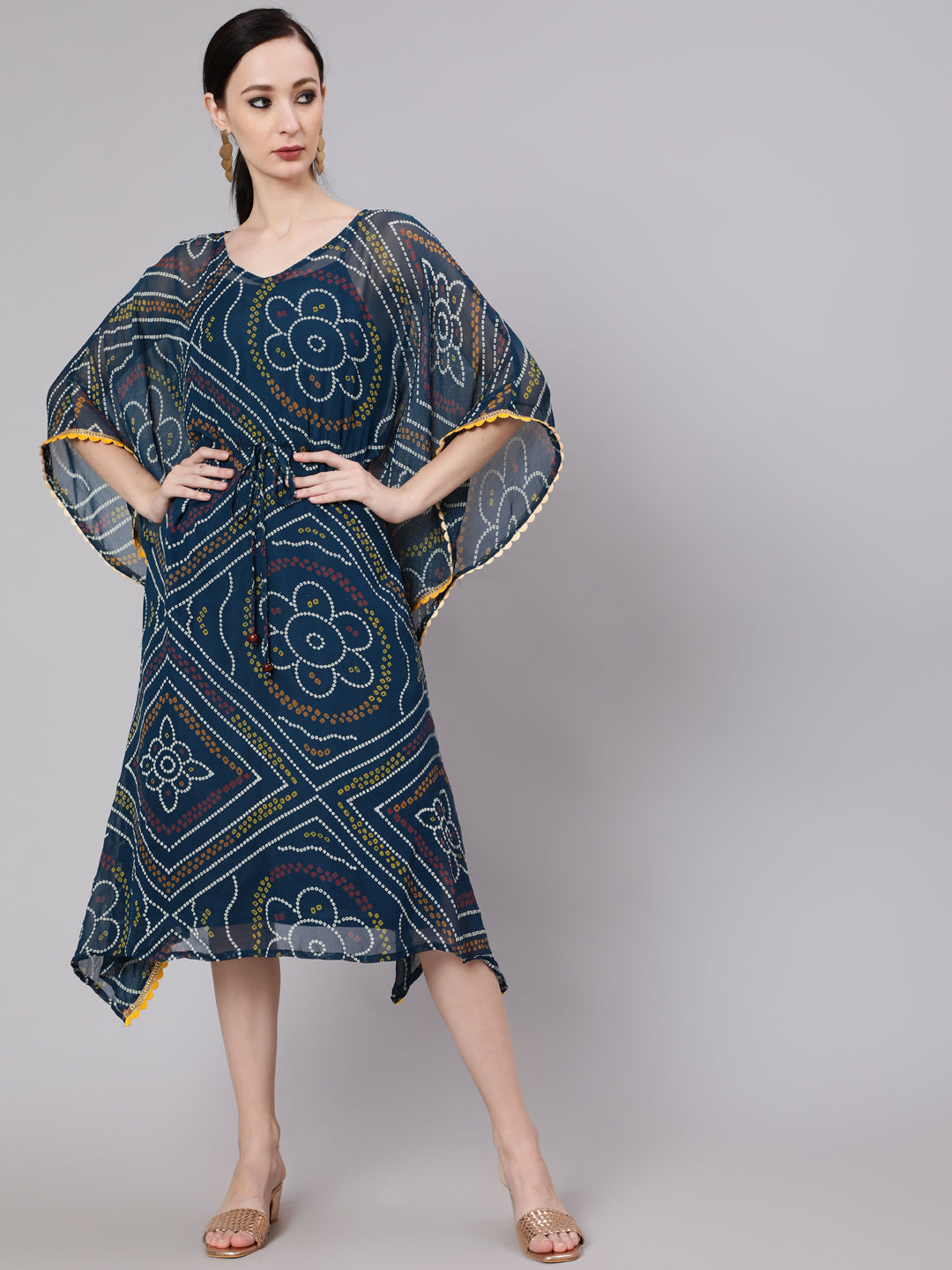 Blue Micro Print Kaftan Dress