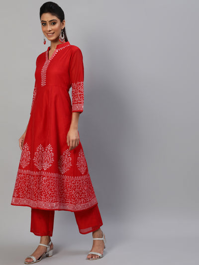 Red Block Print Anarkali