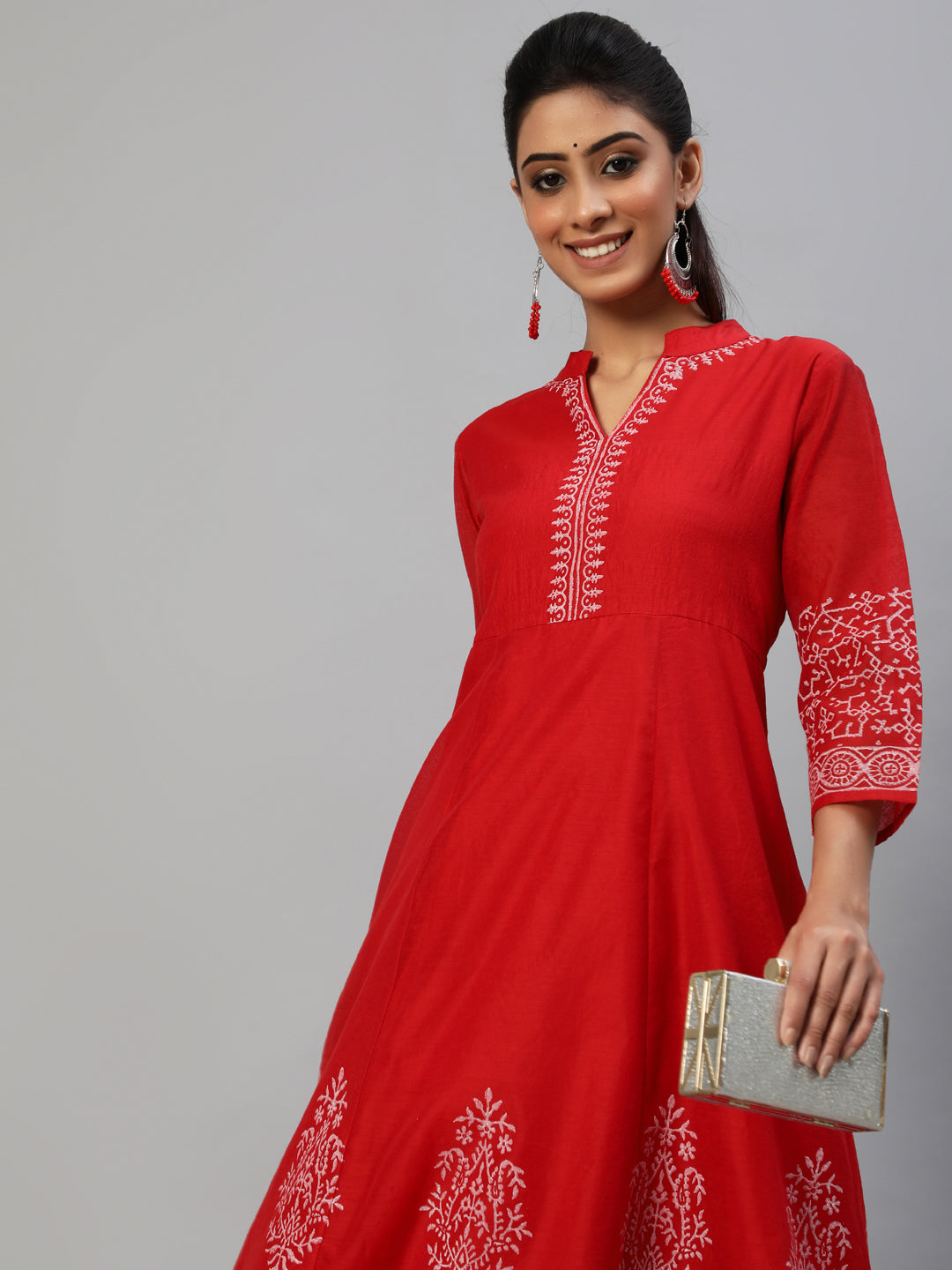 Red Block Print Anarkali