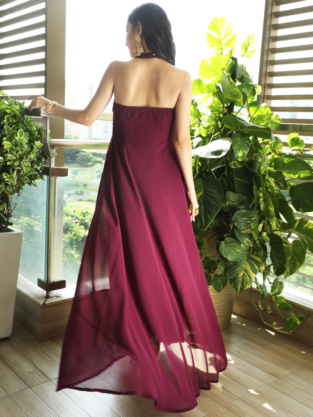 Purple Embellished Flared Maxi Dress