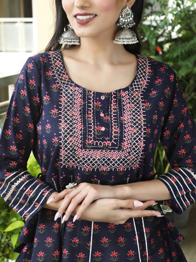 Blue & Peach Floral Print Embroidered Maxi Dress