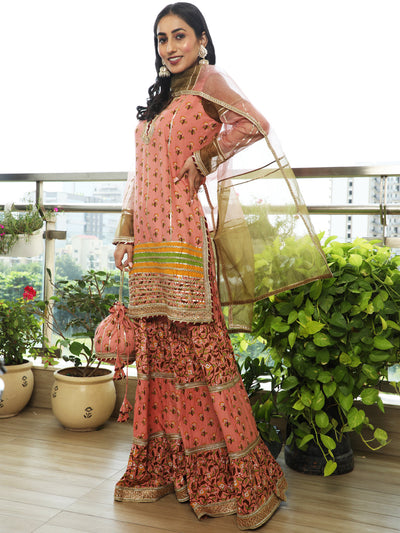 Pink Floral Print Kurta Sharara With Dupatta & Potali Bag