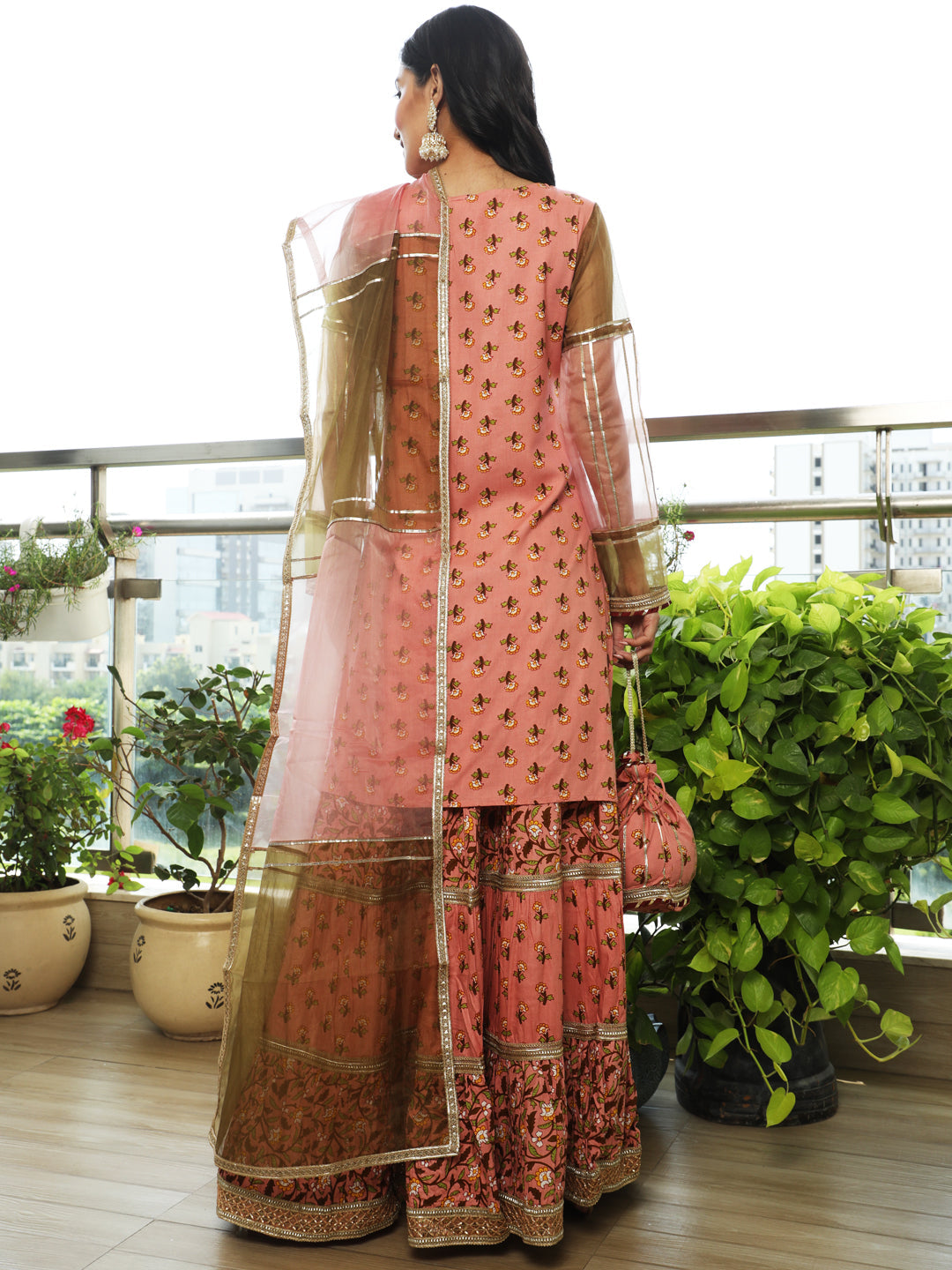 Pink Floral Print Kurta Sharara With Dupatta & Potali Bag