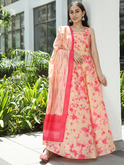 Pink Tie & Dye Backless Maxi Dress With Dupatta