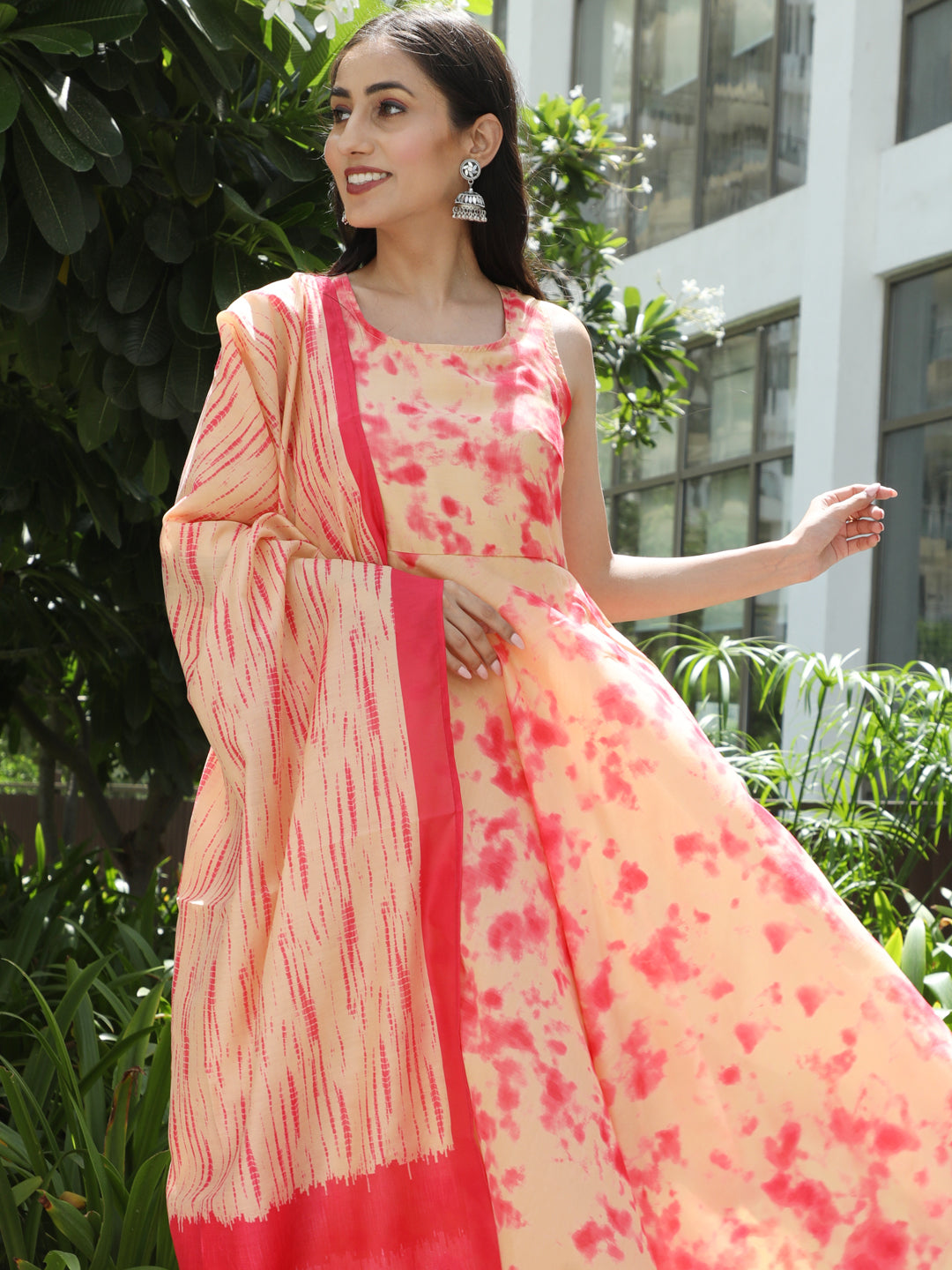 Pink Tie & Dye Backless Maxi Dress With Dupatta