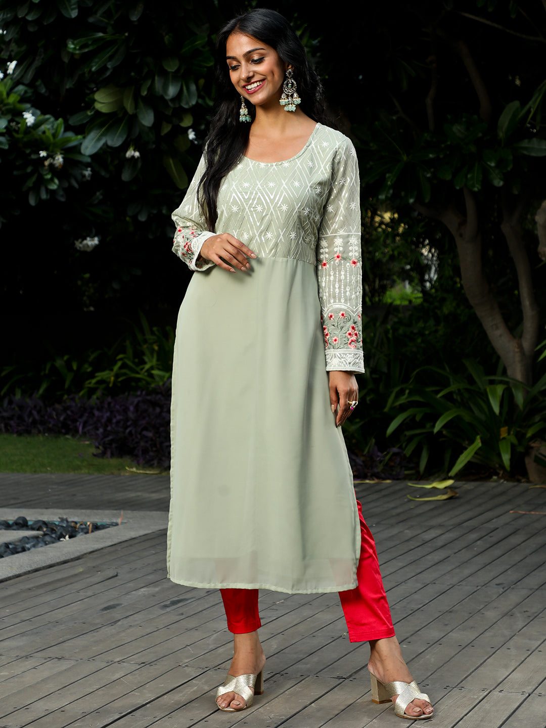 Pastel Green Floral Embroidered Kurta