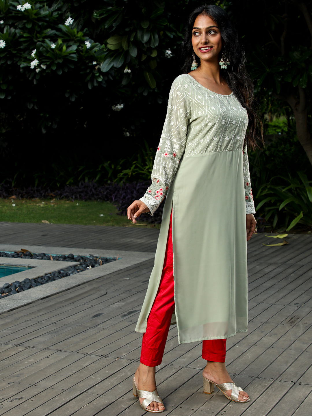 Pastel Green Floral Embroidered Kurta