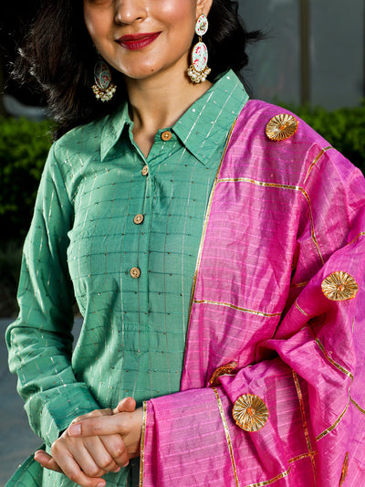 Mother Daughter Combo-Green & Pink Sequin Lehenga Choli Set