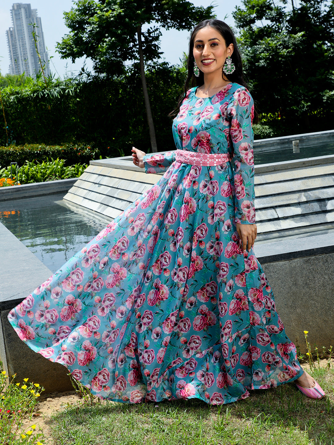 Blue Floral Print Flared Maxi Dress With Belt