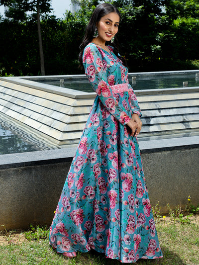 Blue Floral Print Flared Maxi Dress With Belt