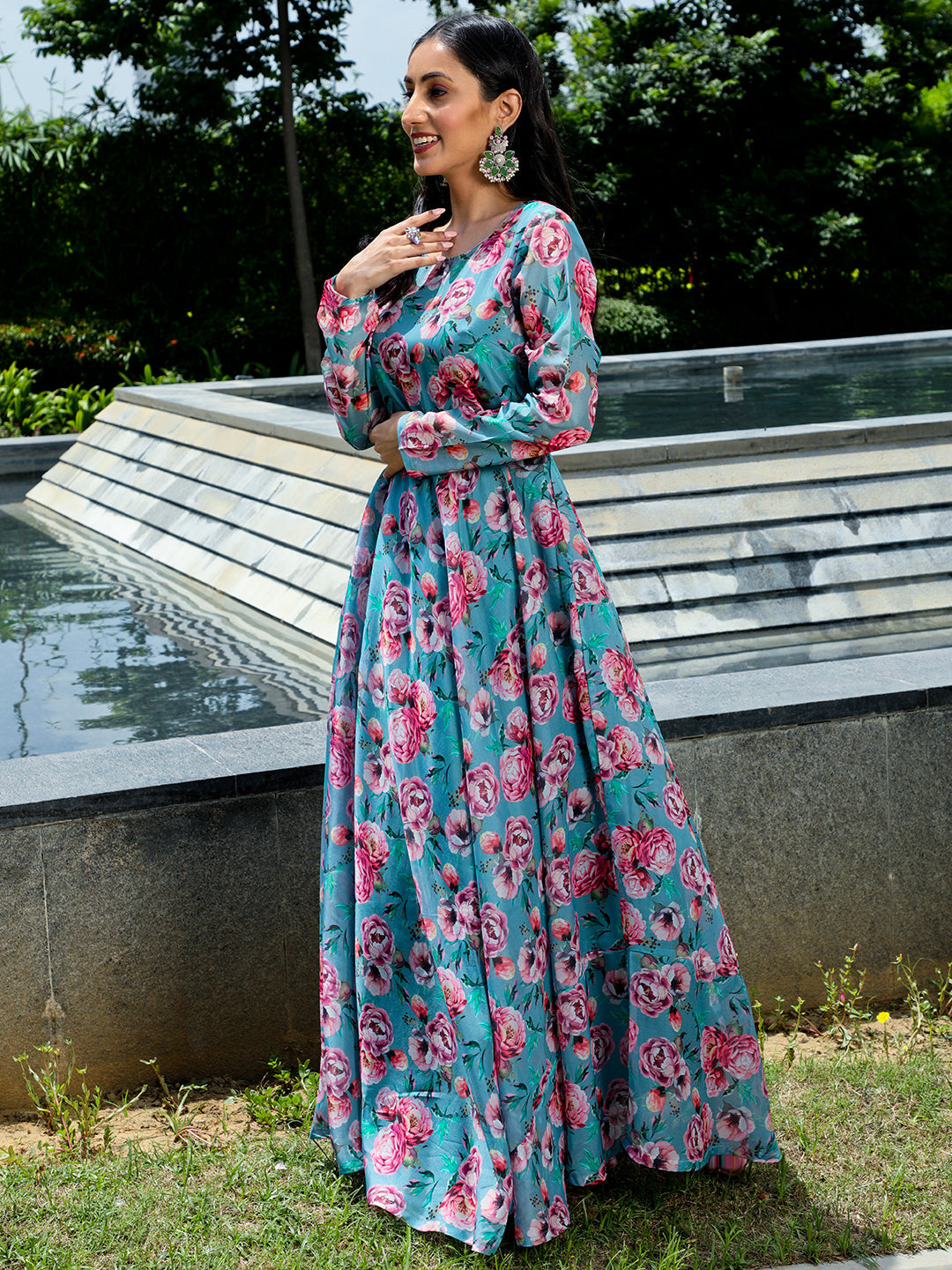 Blue Floral Print Flared Maxi Dress With Belt