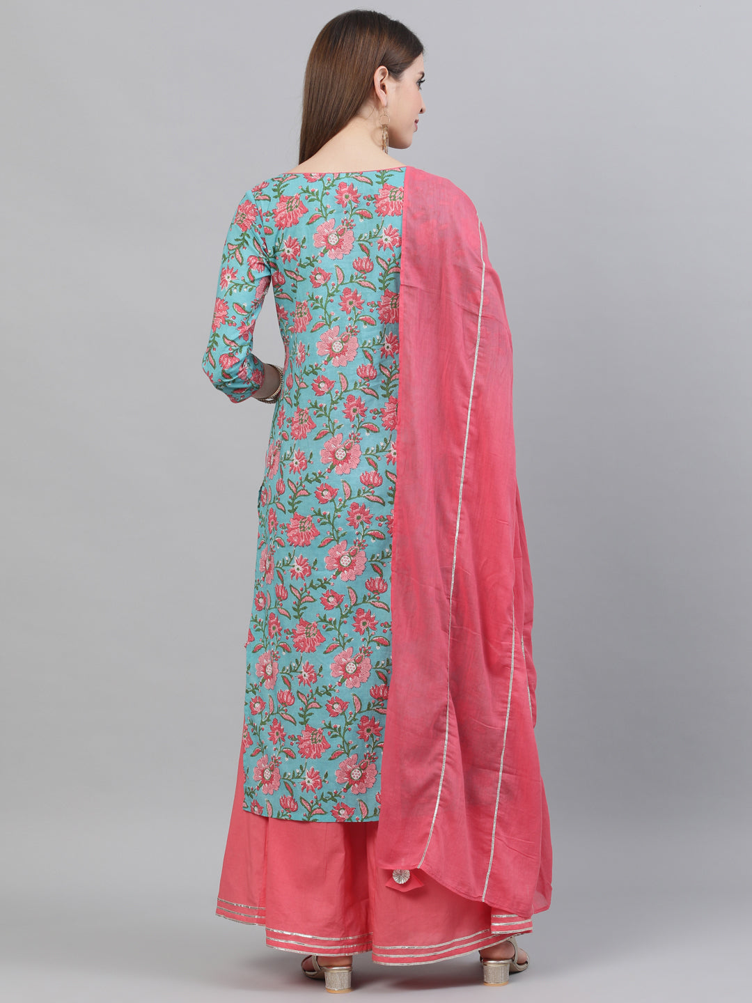 Blue Floral Print Straight Kurta With Palazzo