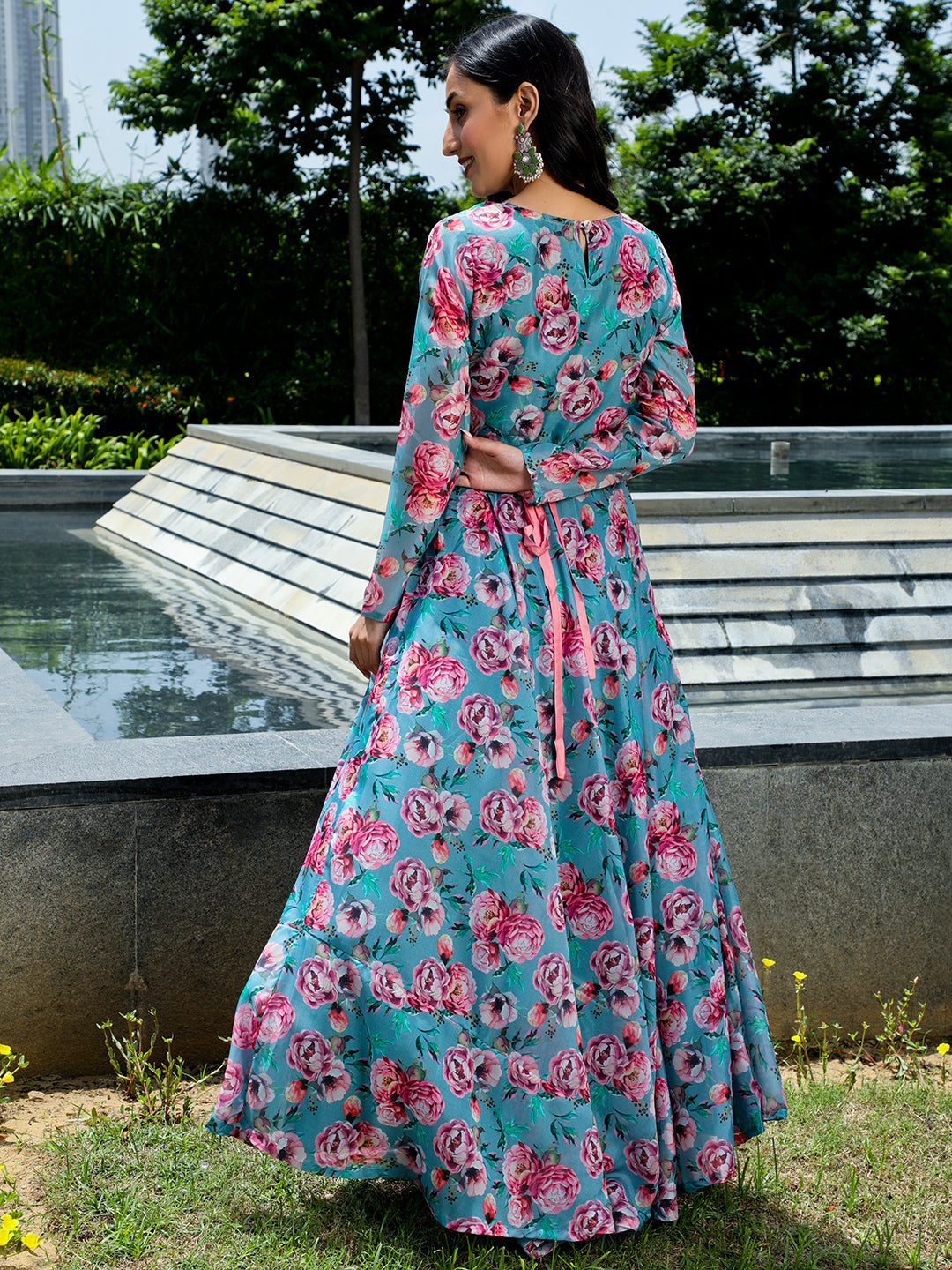 Blue Floral Print Flared Maxi Dress With Belt