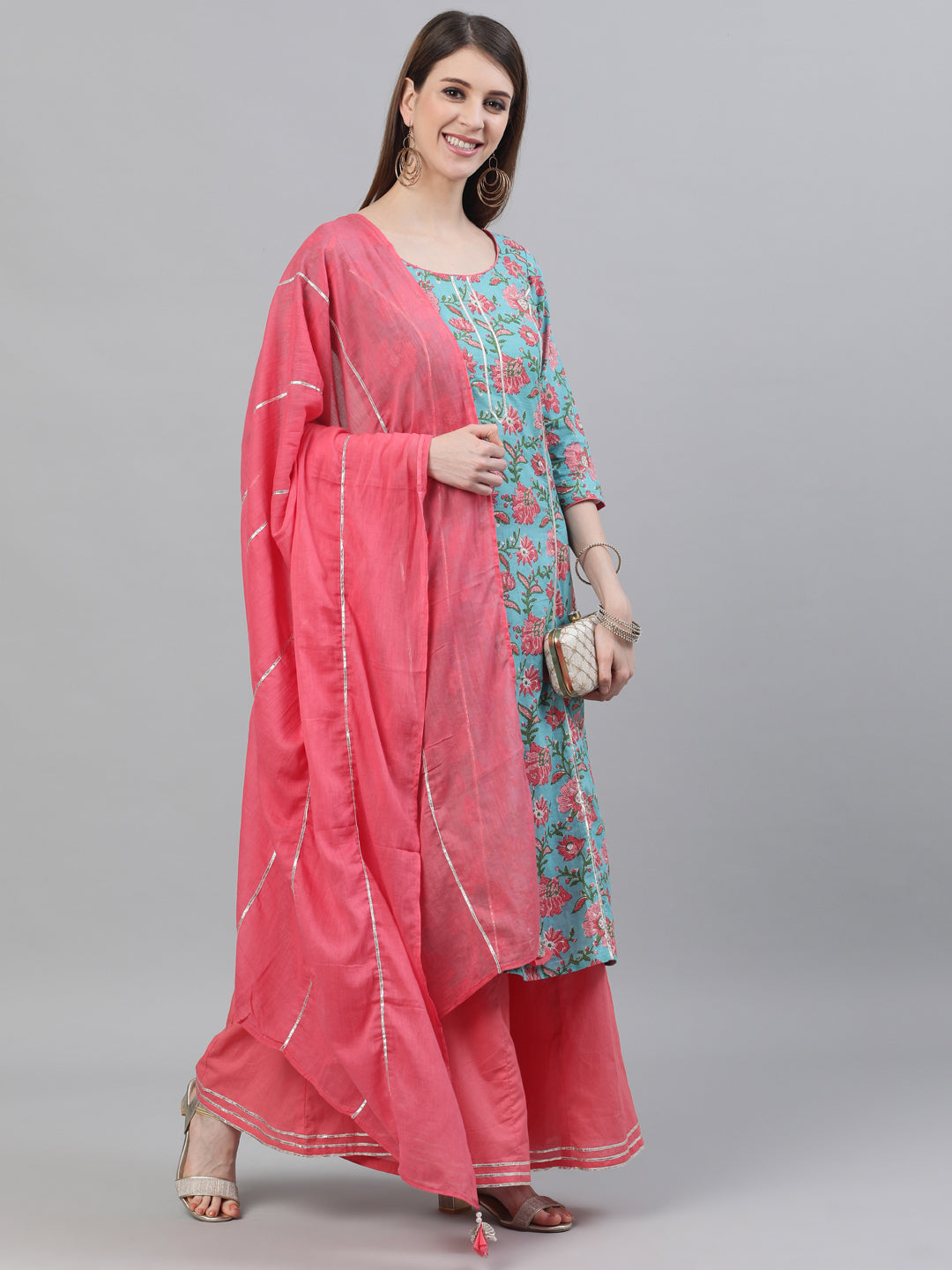 Blue Floral Print Straight Kurta With Palazzo