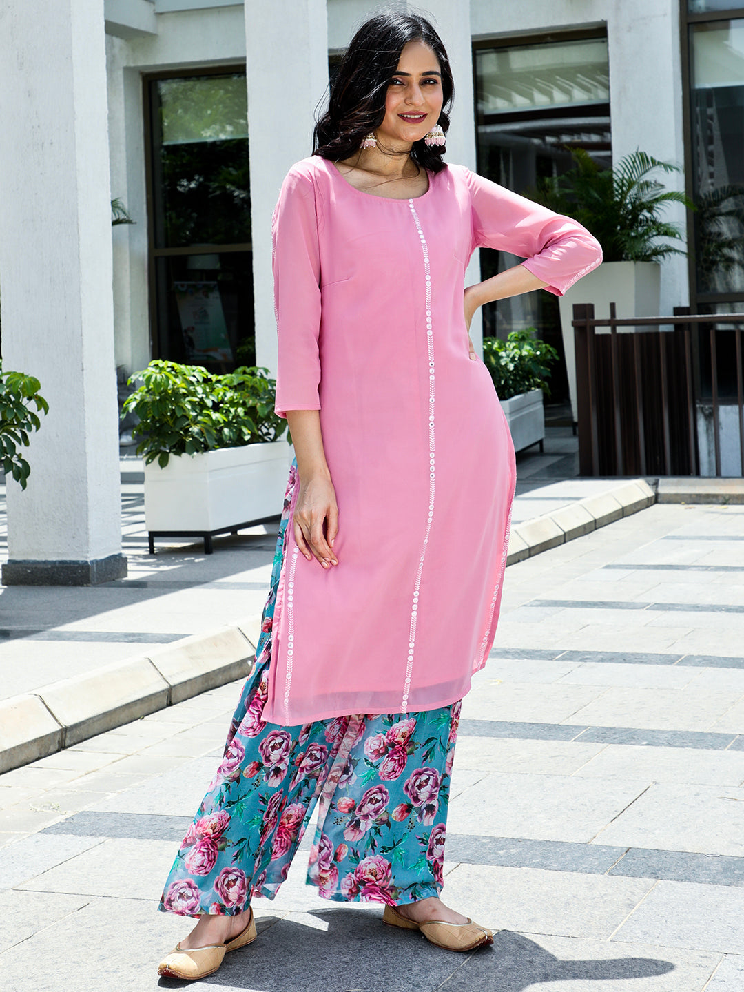 Pink Embroidered Mirror Work Kurta With Palazzo